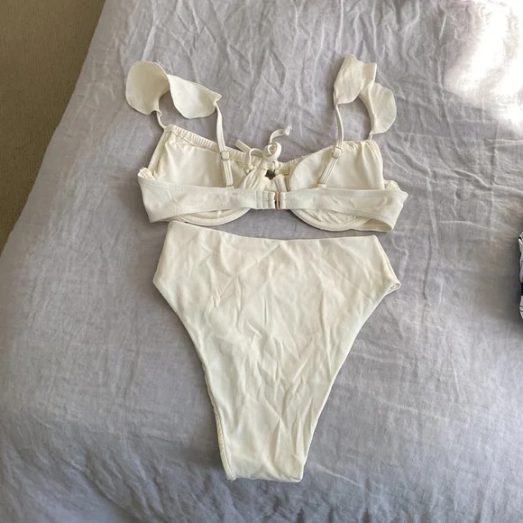Toluca Swim Angelina Flutter Top and Cora Midi+ Bottom - Ivory Micro Waffle - Picture 2 of 3